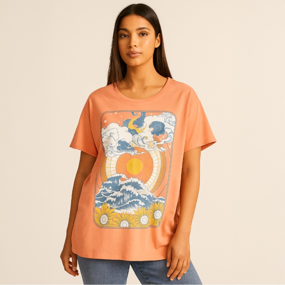 A339 • Coral Sunrise Surf Wave Sunflower Graphic Tee